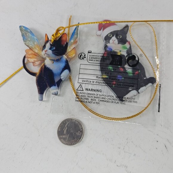 Acrylic Cat Ornament Set of 2 Fairy Kitten Christmas Lights Tuxedo Cat 2D - Picture 2 of 5